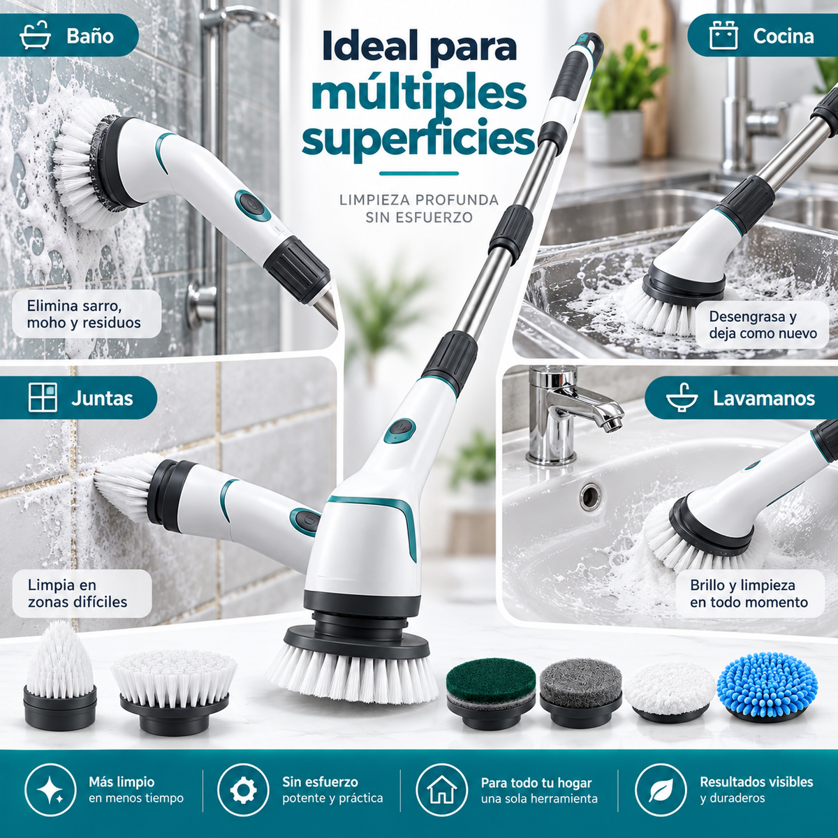 Infografía promocional referencial de SpinClean para múltiples superficies