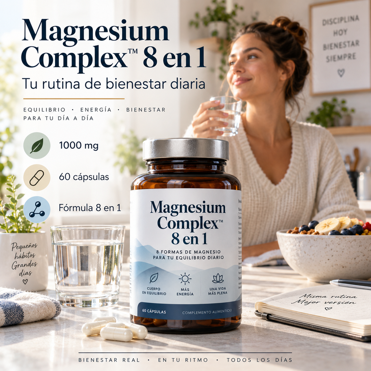 Imagen promocional referencial de Magnesium Complex como parte de una rutina diaria