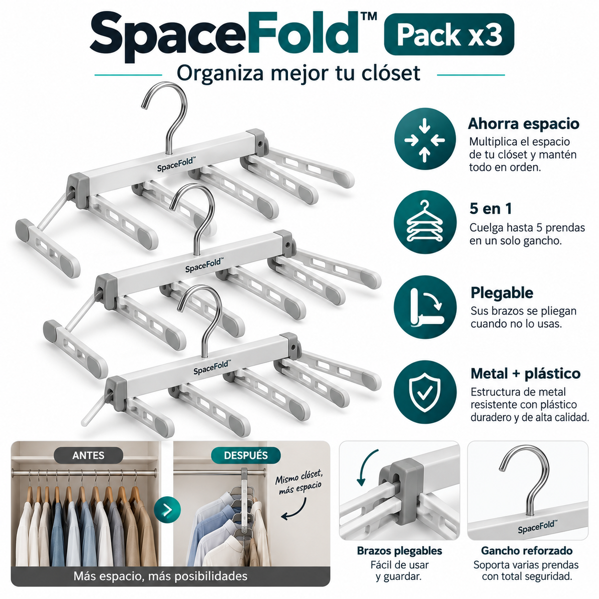 Infografía promocional referencial de beneficios de SpaceFold Pack x3
