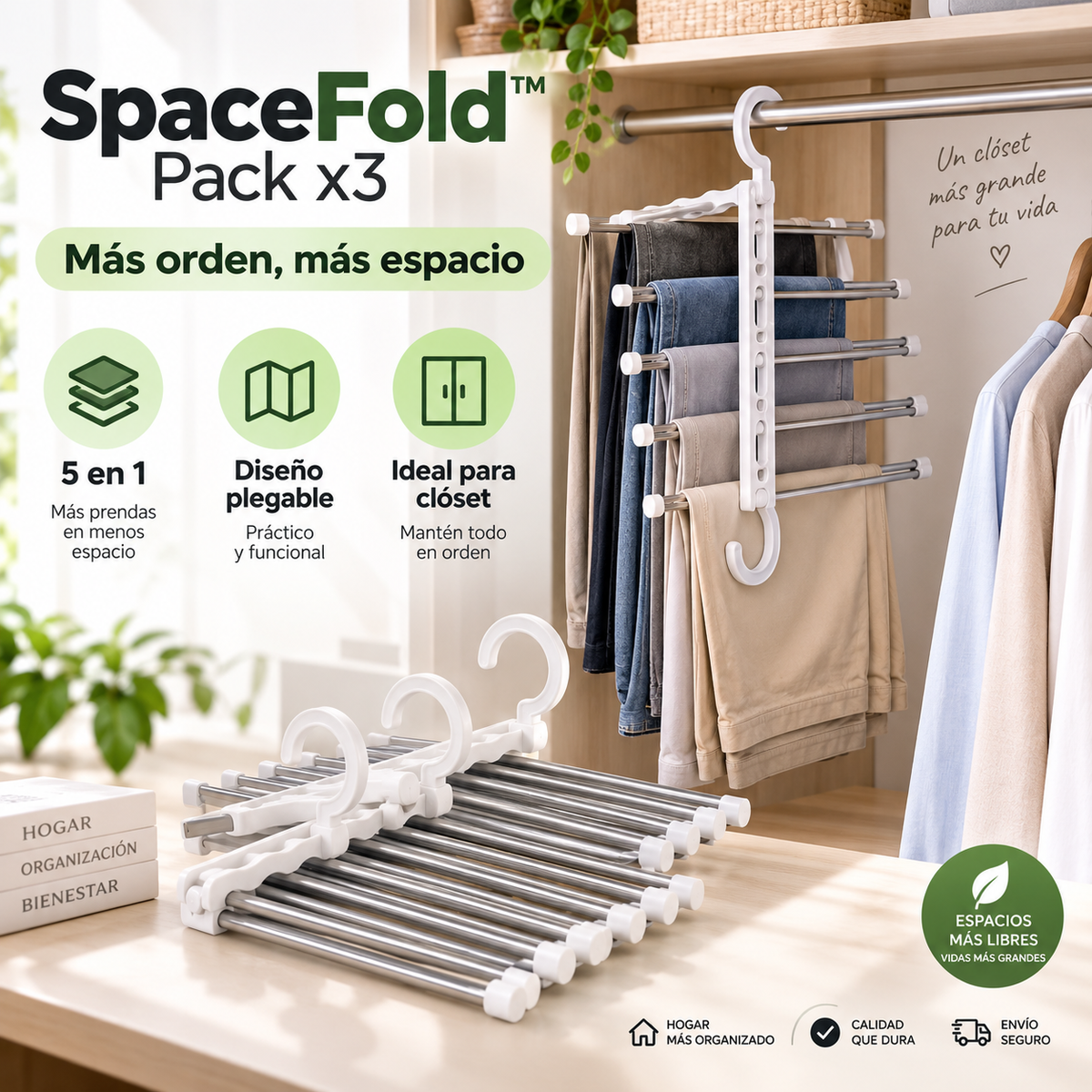 Imagen promocional referencial de SpaceFold Pack x3 organizado en clóset