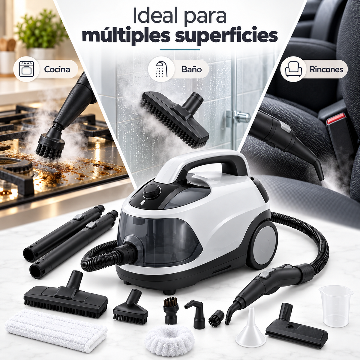 Infografía promocional referencial de usos de SteamClean Pro en distintas superficies