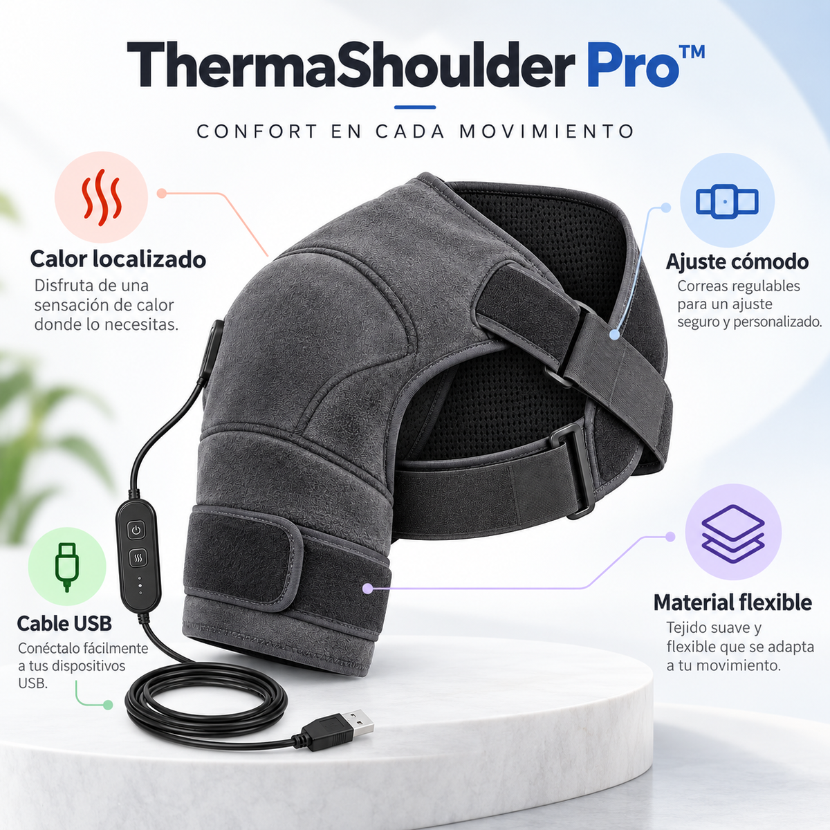 Infografía promocional referencial de características de ThermaShoulder Pro
