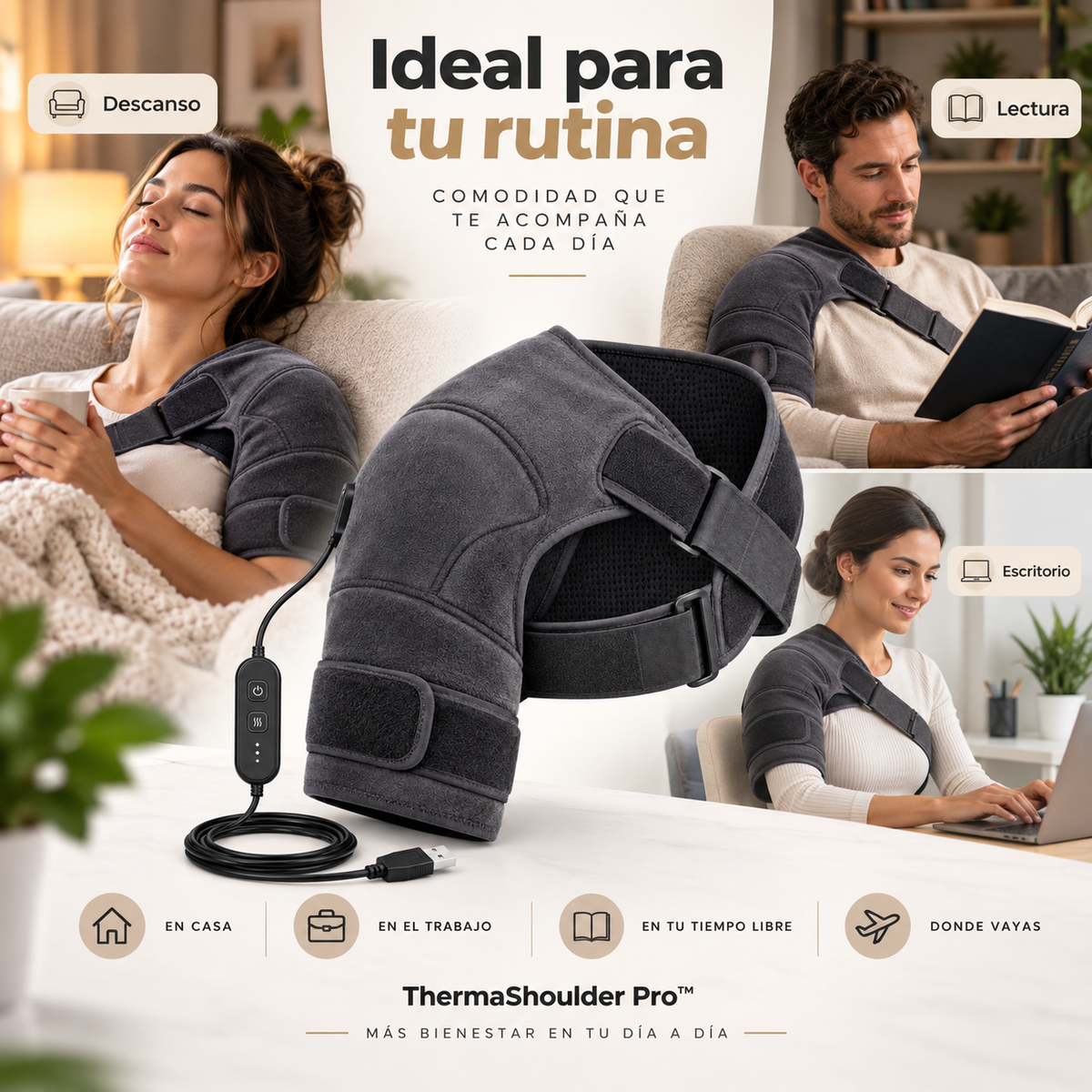 Imagen promocional referencial de ThermaShoulder Pro en distintas situaciones cotidianas
